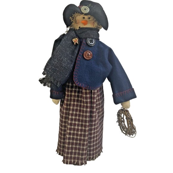 Lg Primitive Snowman Woman Fabric Folk Art Handcrafted Figure Winter Decor 19in - Picture 1 of 9